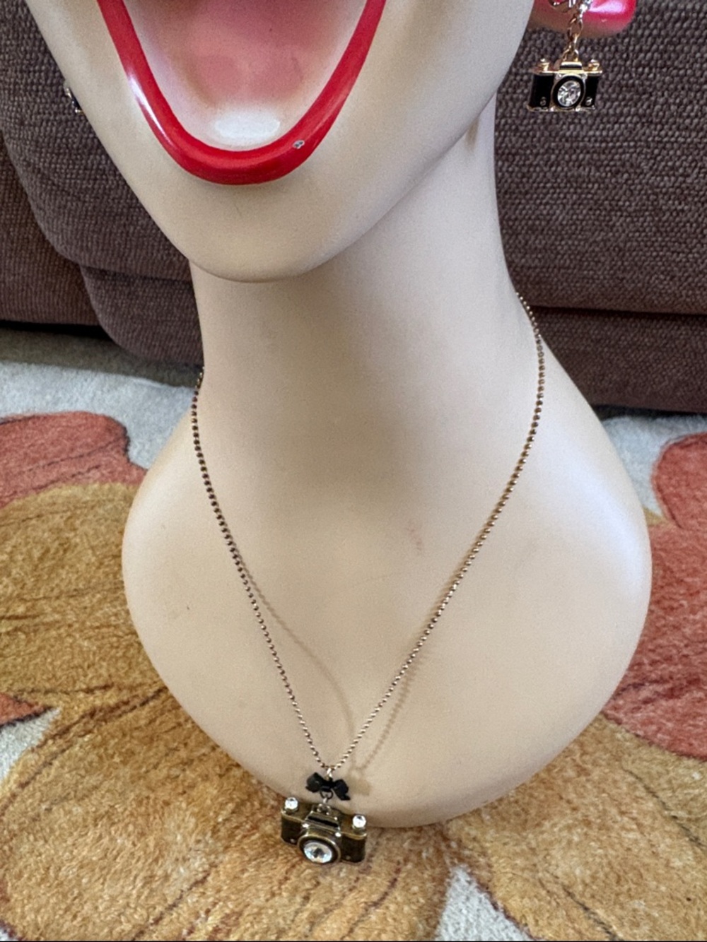 Betsey Johnson Gold Camera Pendant Necklace with matching earrings